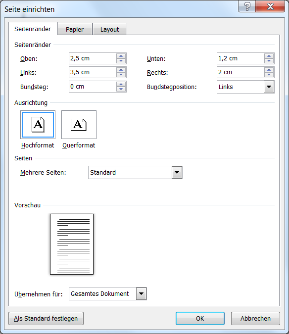 Seite einrichten Dialog