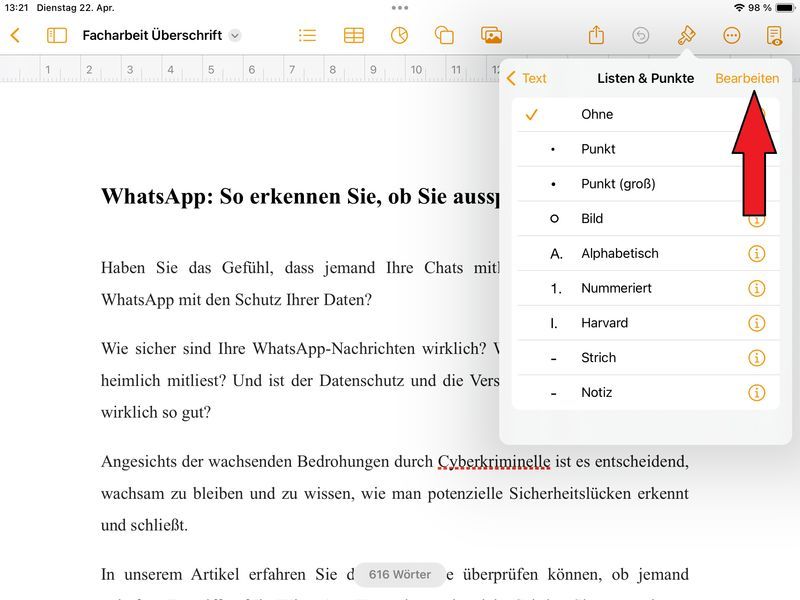 Formatvorlage für Listen wählen und anpassen