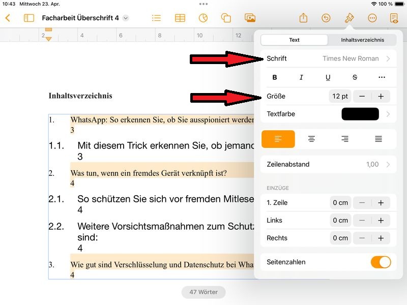 Inhaltsverzeichnis anpassen