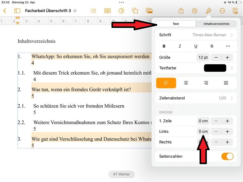 Inhaltsverzeichnis anpassen