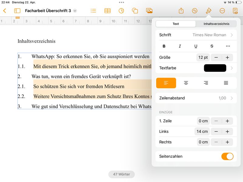 Inhaltsverzeichnis anpassen