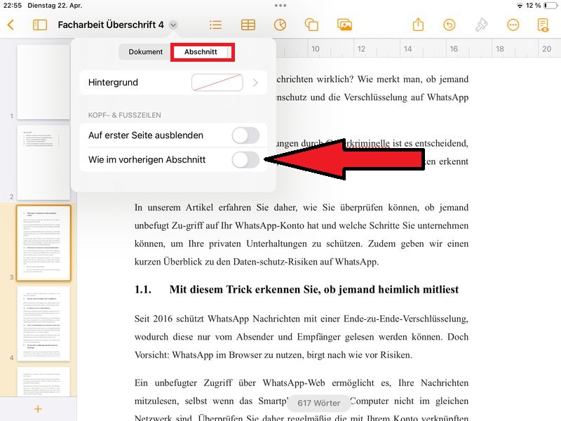 Abschnittsverhalten trennen